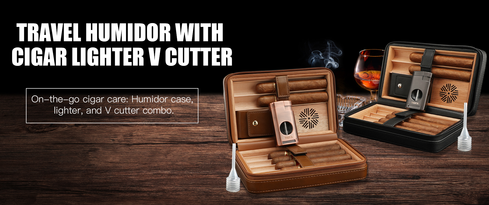 Leather Travel Humidor with Cigar Lighter V Cutter